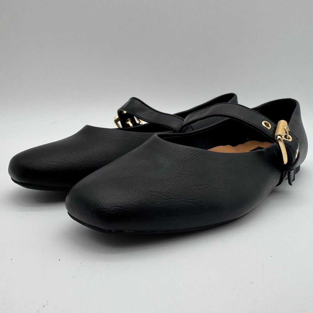 Women's Black Mary Jane Flats Size 8 Adjustable Strap Dress Shoes